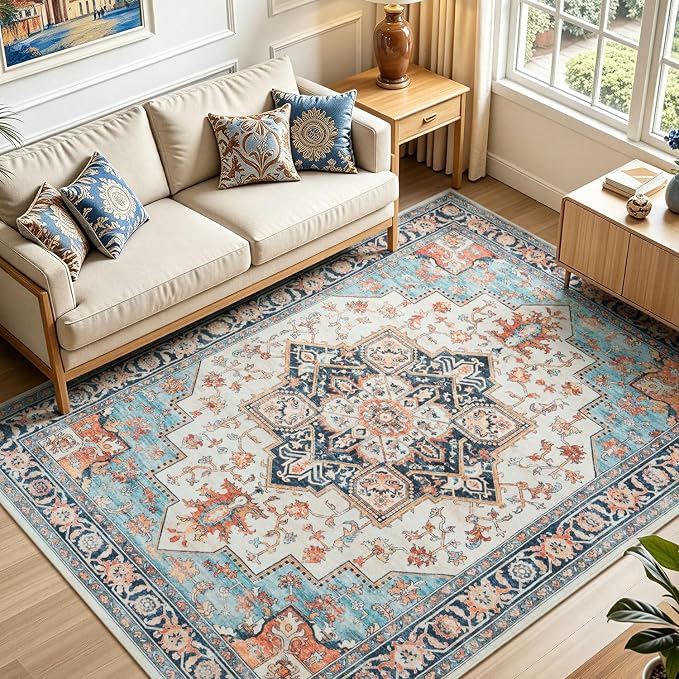 Lofus 5x7 Washable Rugs Non-Slip, Vintage Floral Area Rug for Living Room Bedroom Dining Room Kitchen, Low Pile Distress Print Carpet Home Decor Rug, Octagram Medallion Orange Blue Ivory