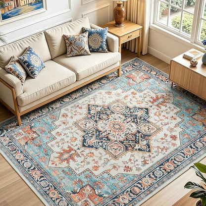 Lofus 5x7 Washable Rugs Non-Slip, Vintage Floral Area Rug for Living Room Bedroom Dining Room Kitchen, Low Pile Distress Print Carpet Home Decor Rug, Octagram Medallion Orange Blue Ivory