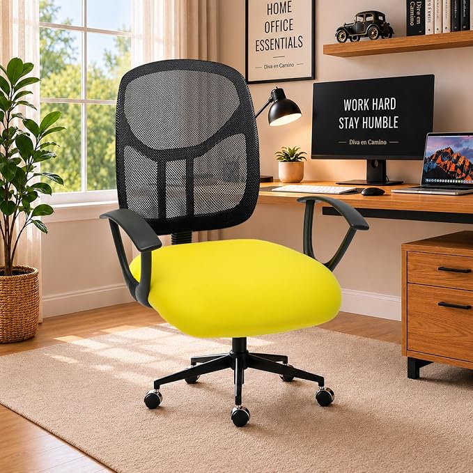 DIVA EN CAMINO DEC Stretchable Desk Office Chair Seat Cushion Covers - Universal Spandex Computer Chair Slipcover - Removable Washable Cushion Protectors for Dogs, Cats, Pets (Yellow)