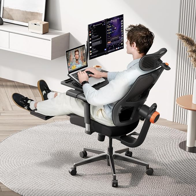 Newtral Ergonomic Office Chair with Laptop Tray, Auto-Tracking Adaptive Lumbar Support, 4D Armrest & 5D Adaptive Headrest, High Back Mesh Desk Chair with Footrest, 136° Recline, Home Office Gaming