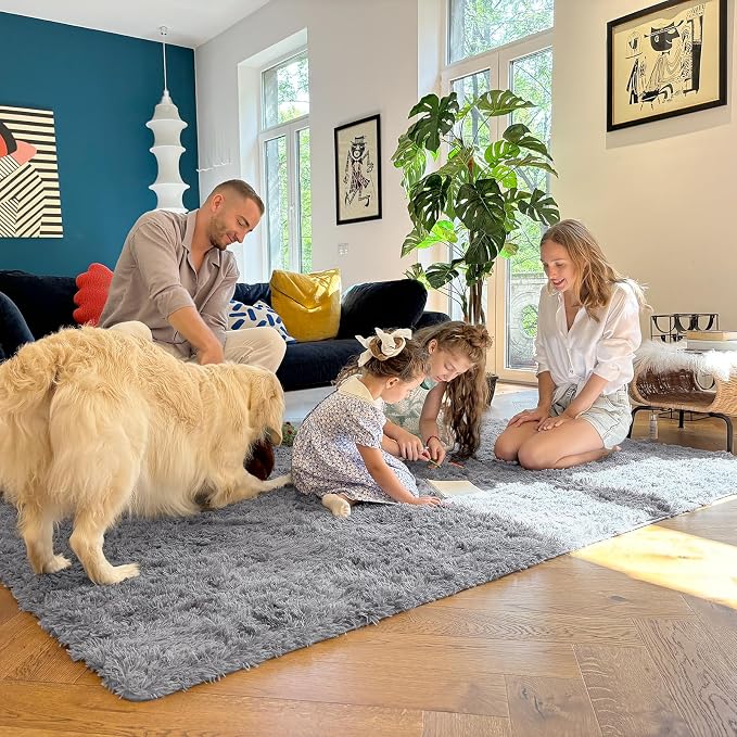 OLANLY 4x4 Machine Washable Accent Rug, Soft Fluffy Shaggy Area Rug for Bedroom, Living Room, Indoor Floor Carpet for Kids, Nursery, Home Decor, Light Grey