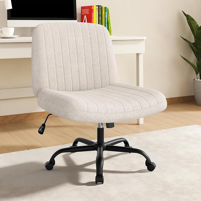 Shintenchi Criss Cross Chair,Cross Legged Office Seat with Wheels Armless Swivel Vanity Chair,Height Adjustable Wide Computer Task Seating for Home Office,Beige