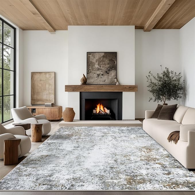 6x9 Area Rug Living Room Rugs - Washable Rug Large Modern Abstract Soft Thin Carpets Indoor Floor No Slip Vintage Carpet for Bedroom Under Dining Table Nursery Home Office Decor Gray Brown