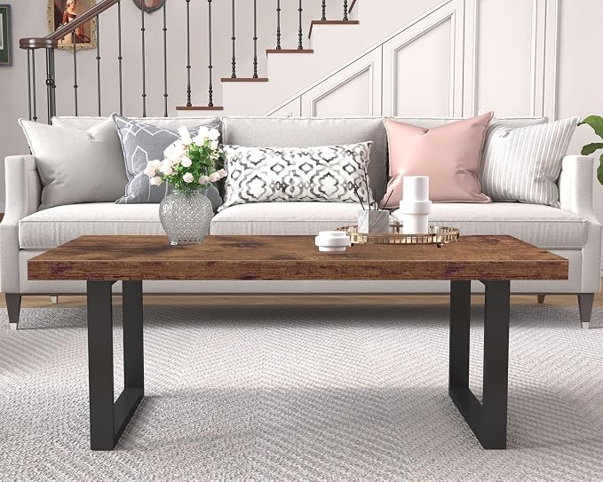 IBF Rustic Living Room Table, Simple Industrial Rectangle Coffee Table, Modern Minimalist Farmhouse Wooden Center Table, Wood and Metal Vintage Coffee Table for Bedroom Office, Rustic Brown, 47 Inch