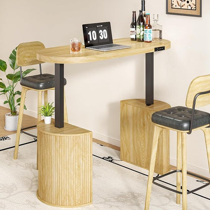 Mid Century Modern Electric Standing Desk with Storage, 55 x 22 Inch Small Sit Stand Up Desk, Wood Adjustable Height Computer Executive Desk for Home Office, Laptop, Oak