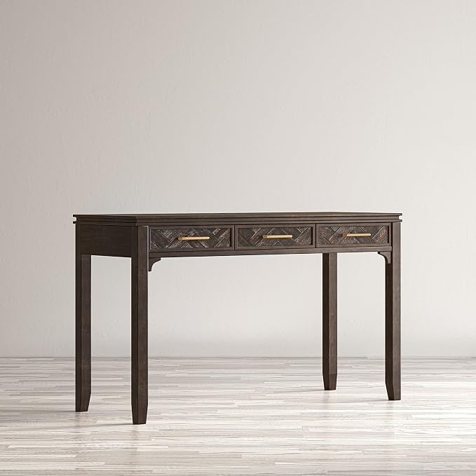 Jofran Mid-Century Modern Acacia Wood Writing Desk with 3 Drawers and USB Charging Port, 48 Inch Computer Desk for Home Office Work, Dark Chevron