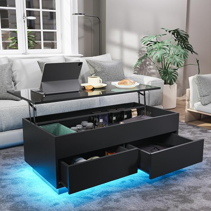 HOMMPA LED Coffee Table with Lift Top Morden Coffee Table with Storage High Gloss Black Sofa Table for Living Room Center Tables Hidden Compartment & 2 Drawers