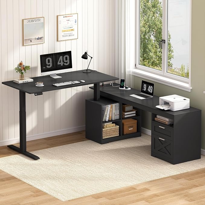 YOMILUVE Farmhouse L Shaped Standing Desk, 66 inch Corner Electric Standing Desk with Drawers ＆ Storage Shelves, Height Adjustable Computer Desk with Power Outlets for Home Office (Black)