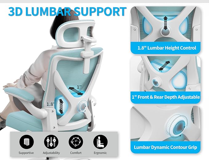 Ergonomic Office Chair: Computer Desk Chair Comfy Gaming Chair for Adults - Office Chair with Lumbar Support & Headrest - Executive Office Rolling Chairs for Home Work (Lake Blue)