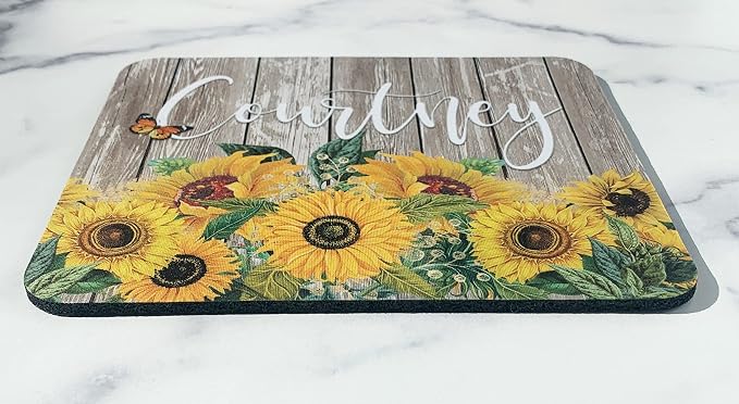 Sunflower Personalized Mouse Pad and Coaster Custom Desk Set Teacher Appreciation Coworker Gifts Office Decor Cute Accessories for Women Her Handmade (Sunflower Barnwood)