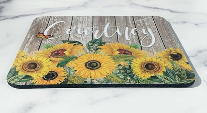 Sunflower Personalized Mouse Pad and Coaster Custom Desk Set Teacher Appreciation Coworker Gifts Office Decor Cute Accessories for Women Her Handmade (Sunflower Barnwood)