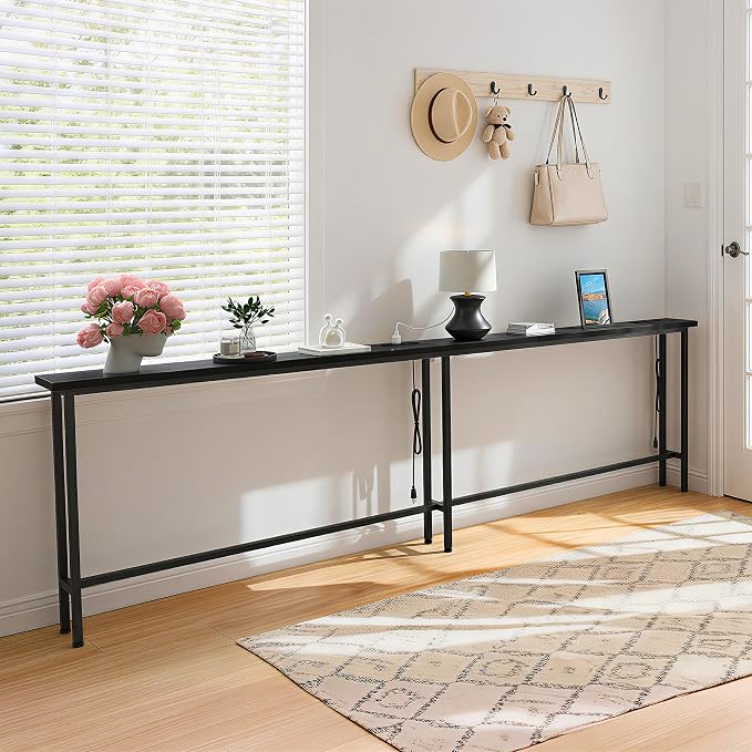 GRLEAF 102" Sofa Table with Built-in Power Strip (4 AC Outlets & 4 USB Ports) – 4.9ft Power Cord, Metal Frame, Easy Assembly, Long Couch Table Behind Sofa, Living Room and Home Office | Black