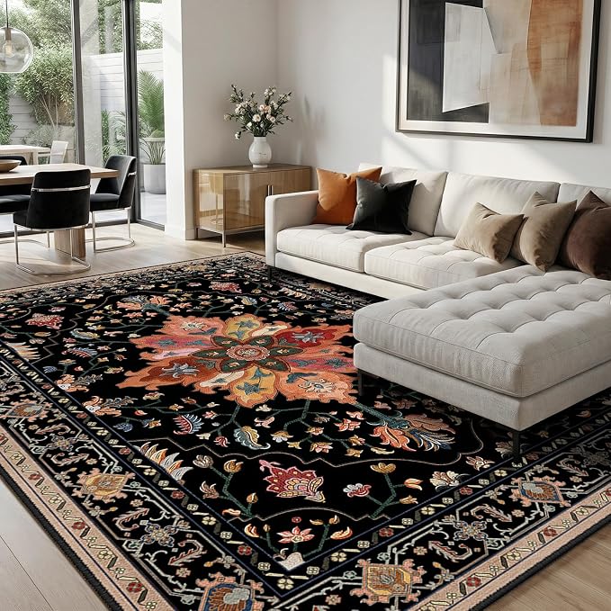 RELEANY Area Rugs 8'x10' Washable Non-Slip, Floral Vintage Distress Medallion Carpet for Living Room Bedroom Dining Room, Black Colorful Floral Dark Tan