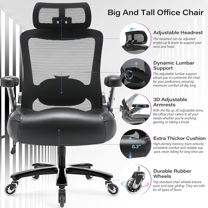 Big and Tall Office Chair 600lbs with 3D Flip Arms Adjustable Headrest - Heavy Duty Large Wheels Executive Computer Desk Chair, Ergonomic Lumbar Support Mesh High Back Plus Size Chair for Adults