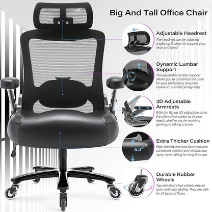 Big and Tall Office Chair 600lbs with 3D Flip Arms Adjustable Headrest - Heavy Duty Large Wheels Executive Computer Desk Chair, Ergonomic Lumbar Support Mesh High Back Plus Size Chair for Adults