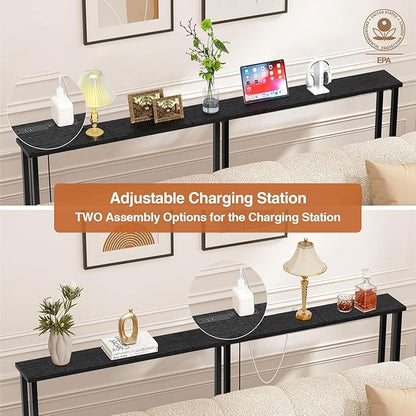 Keelian 70" Narrow Console Sofa Table with Power Outlets & 2 USB Ports, Metal Frame, Black, Perfect for Hallway, Office, and Behind Sofa - Easy Assembly, 4.9' Extension Cord Included