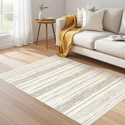 Nakagishi Area Rug Living Room Rugs: 3x5 Soft Machine Washable Boho Neutral Farmhouse Stain Resistant Moroccan Indoor Floor Carpet for Bedroom Nursery Kids Entryway Kitchen Entry Bedside Home- Brown