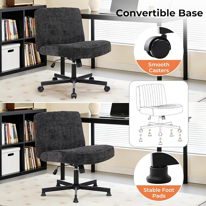 Convertible Base Criss Cross Chair with Pocket Springs & Thicker and Wider Cushions, Armless Legged Office Chair Relieves Back Pain, Swivel Vanity Chair for Living Room/Office, Black
