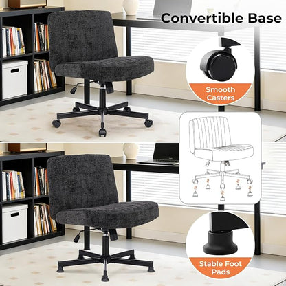 Convertible Base Criss Cross Chair with Pocket Springs & Thicker and Wider Cushions, Armless Legged Office Chair Relieves Back Pain, Swivel Vanity Chair for Living Room/Office, Black