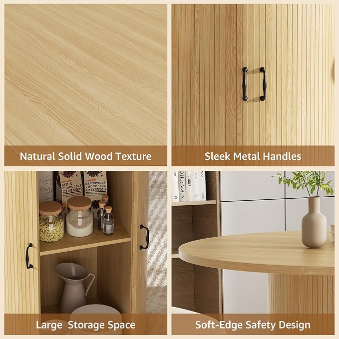 31.5 inch Round Dining Table for 2, Small Dinner Table with 2-Layer Storage Shelf, Morden Circle Kitchen Table with Wood Strip Base and Slide Door for Home Dining Room, Living Room, Natural