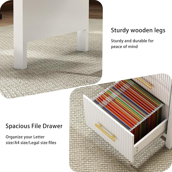 Fluted Executive Desk with Drawers: 54" White Home Office Desks with File Drawers, Modern Computer Desk with Gold Handles, Writing Table for Study, Living Room (White, 54")