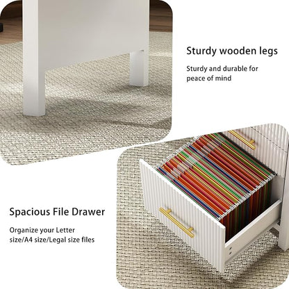 Fluted Executive Desk with Drawers: 54" White Home Office Desks with File Drawers, Modern Computer Desk with Gold Handles, Writing Table for Study, Living Room (White, 54")