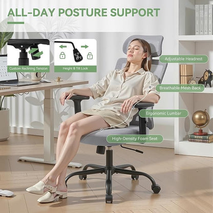 Ergonomic Office Chair, Office Desk Chair with High Back Mesh and Adjustable Lumbar Support, Rolling Work Chairs with Wheels and Adjustable Headrests, Wide Cushion, Set of 4, Grey