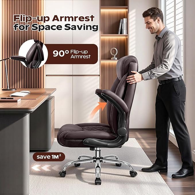 Office Chair, Ergonomic High Back Home Office Desk Chair, Big and Tall Breathable Leather Office Chair with Lumbar Support Flip-Up Armrests, Computer Chair with Rocking Function