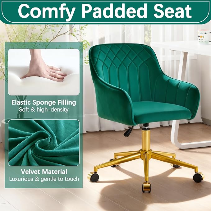 VECELO Modern Velvet Swivel Home Office Desk Chair with Back & Rolling Wheels, Adjustable Seat Height for Girls Women Bed Room Vanity Makeup/Task/Computer Work, Green