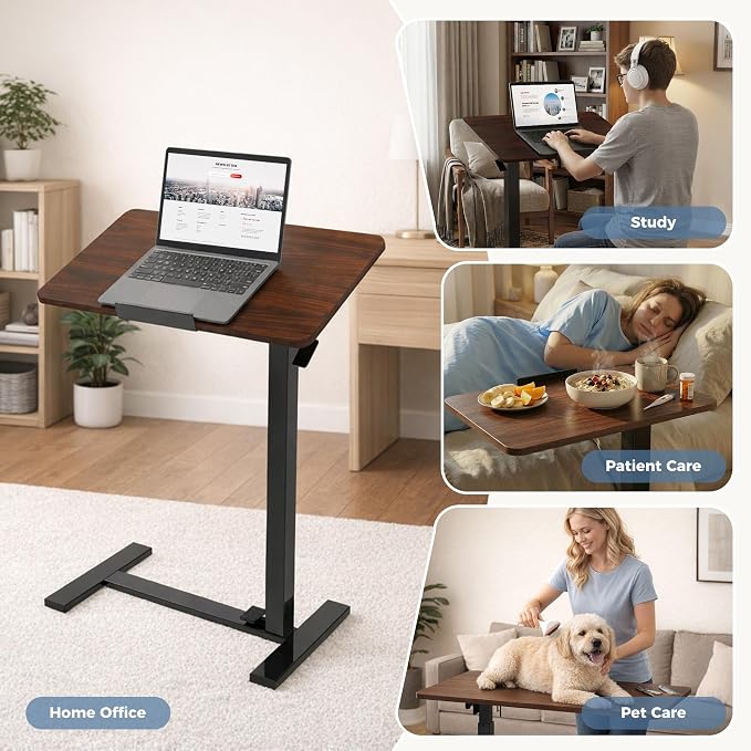 Adjustable Overbed Bedside Table with Hidden Wheels, Mobile Standing Desk with Pneumatic Lift, Portable Computer Workstation Cart for Bed, Couch, Office, Sofa, Brown