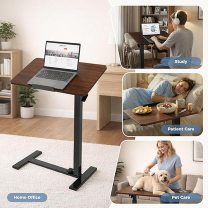 Adjustable Overbed Bedside Table with Hidden Wheels, Mobile Standing Desk with Pneumatic Lift, Portable Computer Workstation Cart for Bed, Couch, Office, Sofa, Brown