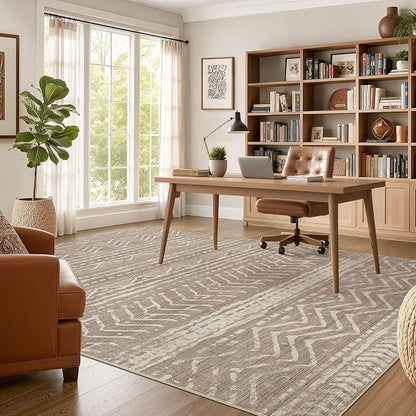 Nakagishi Area Rug Living Room Rugs: 12x18 Large Soft Machine Washable Boho Moroccan FarmNeutral Stain Resistant Indoor Floor Carpet for Bedroom Under Dining Table Home Office Decor-Dark Brown