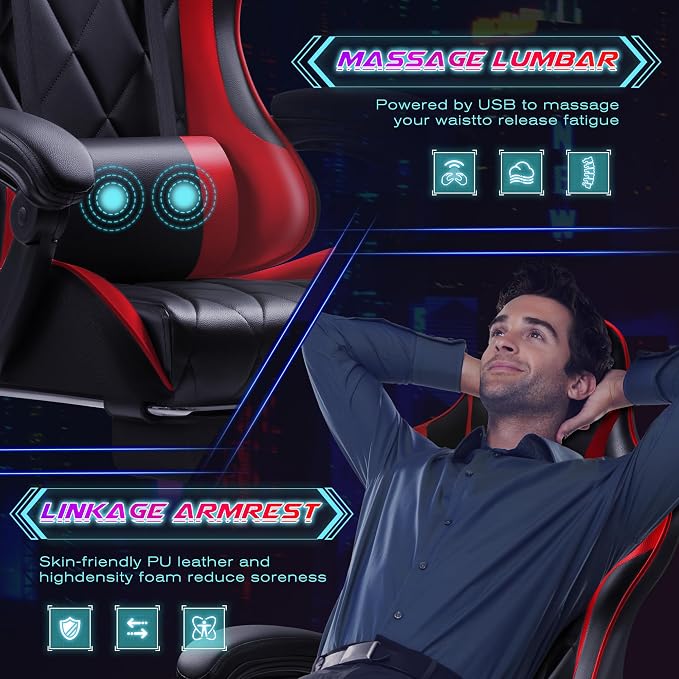 Shahoo Gaming Chair with Footrest and Massage Lumbar Support, Computer Game Chairs Ergonomic Office Seat Height Adjustable with Headrest, Red