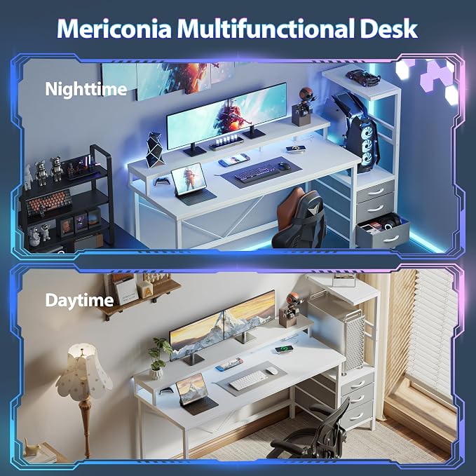 Mericonia 60 inch Gaming Desk with LED Lights & Power Outlets, Reversible Computer Desk with Storage Drawers & Monitor Stand, Large Gaming Table for Home Office