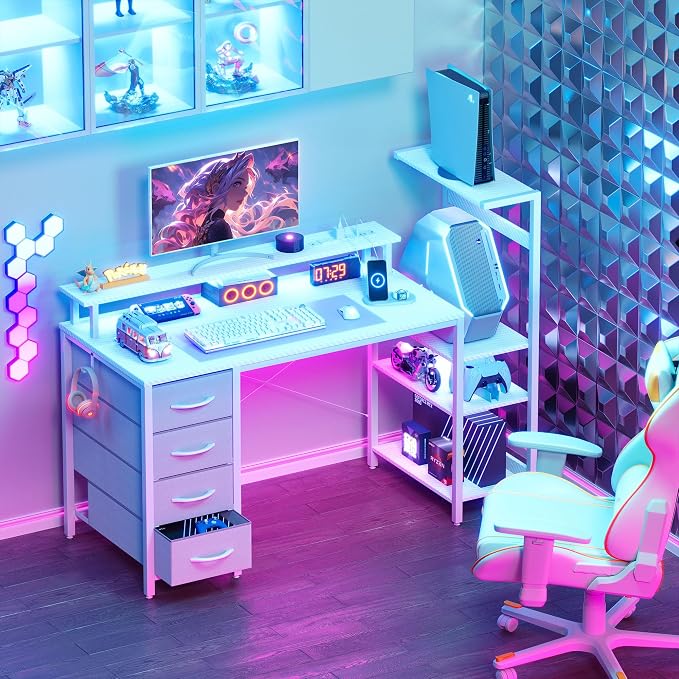 51 Inch Gaming Desk with LED Lights and Power Outlets, Computer Desk with Storage Shelves, Fabric Drawers, Monitor Stand & Side Hook, Reversible Gamer Table for Home Office, Carbon Fiber White