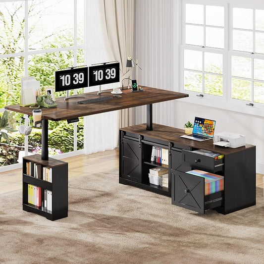 St.Mandyu 63" L Shaped Electric Standing Desk with File Drawer & Sliding Door, Height Adjustable Sit Stand Corner Computer Desk with Power Outlets, Drawers & Cup Holder for Home Office, Black