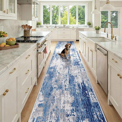 RELEANY Washable Area Rugs 2'6"x14 Non-Slip Modern Abstract Soft for Living Room Entryway Bedroom Kitchen, Print Pattern, Blue Grey Navy Gray