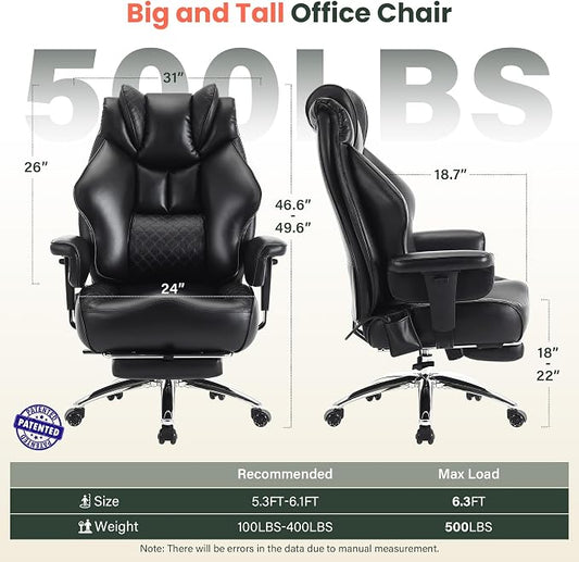 500lbs Big and Tall Office Chair Adjustable Lumbar Support, Extra Wide Seat Ergonomic Gaming Chair with Footrest, Heavy Duty High Back Executive Leather Computer Desk Chair