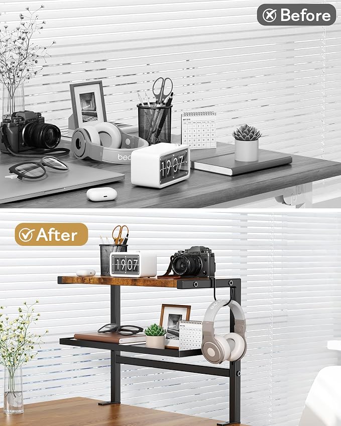 2-Tier Clamp on Desk Shelf, 17" Adjustable Above or Under Desk Shelves Organizer, No Drilling Desktop Storage Shelf with Headphone Holder, Desktop Storage Rack or Office and Gaming Accessories (Brown)