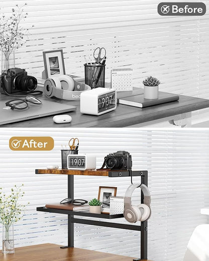 2-Tier Clamp on Desk Shelf, 17" Adjustable Above or Under Desk Shelves Organizer, No Drilling Desktop Storage Shelf with Headphone Holder, Desktop Storage Rack or Office and Gaming Accessories (Brown)