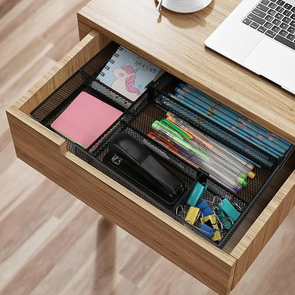 Desk Drawer Organizer, Junk Drawer Organizer Tray with 2 Adjustable Compartments, Desktop Metal Mesh Office Desk Organizer, Multifunction Pen Organizer Set for Office School Home Makeup Supplies (1)