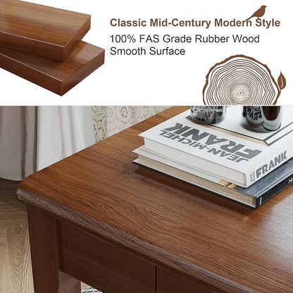 Solid Wooden Desk with Drawers - 24 x 16 Inch Narrow Desks, Rubberwood Mid Century Modern Desks, Small Writing Desk for Bedroom|Small Spaces - Walnut Color