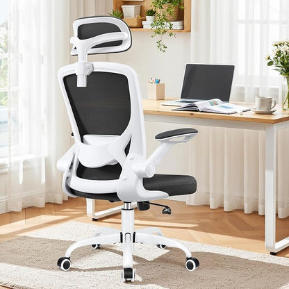 BESTFAIR Office Chair Ergonomic Desk Chair, Breathable Mesh Office Chairs with Adjustable Lumbar Support, Flip-Up Arms, Computer Desk Chair Comfy for Home Office, White