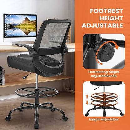 Drafting Chair for Standing Desks, 500LBS Capacity Tall Office Chair with Adjustable Height, Foot Ring, Flip-Up Armrests, Thick Curved Seat for Home Office, Drawing, and Creative Work