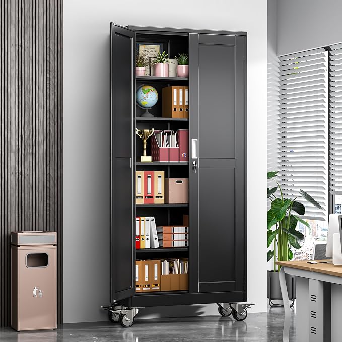 Metal Garage Storage Cabinets and storage system, 75”Tall Rolling utility cabinet with Wheels, Lock, 5 Adjustable Shelves, Heavy Duty Steel Tool Locker for Home Office, Utility Room, Gym,Black