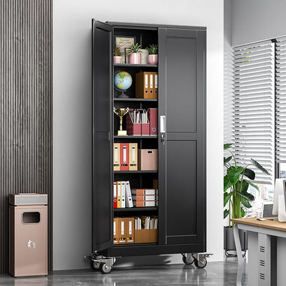 Metal Garage Storage Cabinets and storage system, 75”Tall Rolling utility cabinet with Wheels, Lock, 5 Adjustable Shelves, Heavy Duty Steel Tool Locker for Home Office, Utility Room, Gym,Black