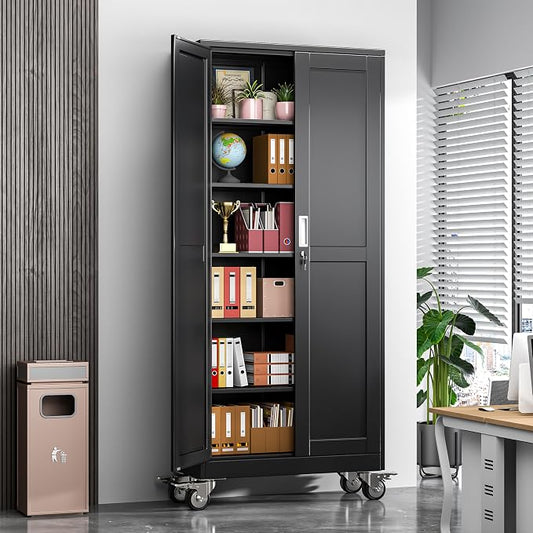 Metal Garage Storage Cabinets and storage system, 75”Tall Rolling utility cabinet with Wheels, Lock, 5 Adjustable Shelves, Heavy Duty Steel Tool Locker for Home Office, Utility Room, Gym,Black