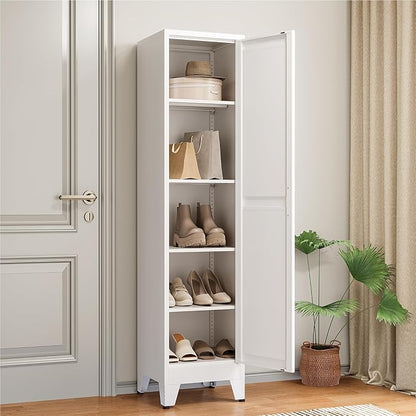 COFaR 67" Tall Bathroom Storage Cabinet, White Metal Storage Cabinet with Magnetic Door & 4 Adjustable Shelves, Slim Freestanding Cupboard for Kitchen, Bathroom, Living Room