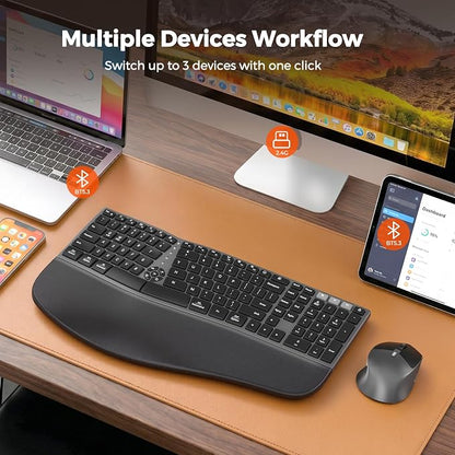 MEETION Ergonomic Keyboard and Mouse Wireless, Split Curved 2.4G & Bluetooth Keyboard Mouse, Full-size Cushioned Palm Rest Keyboard, 4 Adjustable DPI Mouse, Compatible for Windows/Mac/PC/Laptop, Black