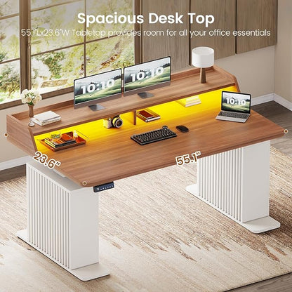 SEDETA Standing Desk with Storage, 55" Fluted Stand Up Desk with Power Outlets & LED Lights, Height Adjustable Table with Monitor Shelf for Home Office, Gaming, Brown + White
